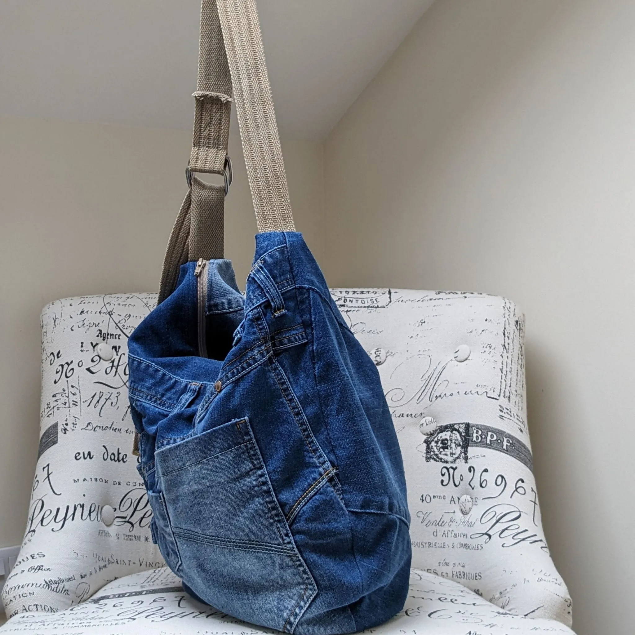 Upcycled Jeans Shoulder Bag - Turquoise Polka Dots
