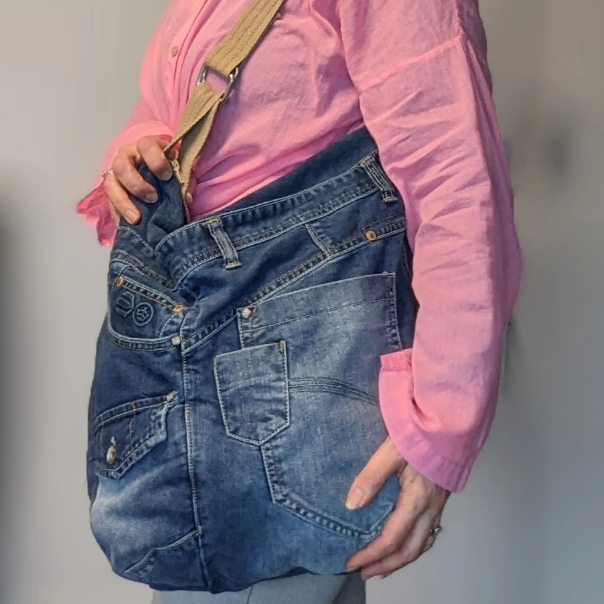 Upcycled Jeans Shoulder Bag - Turquoise Polka Dots