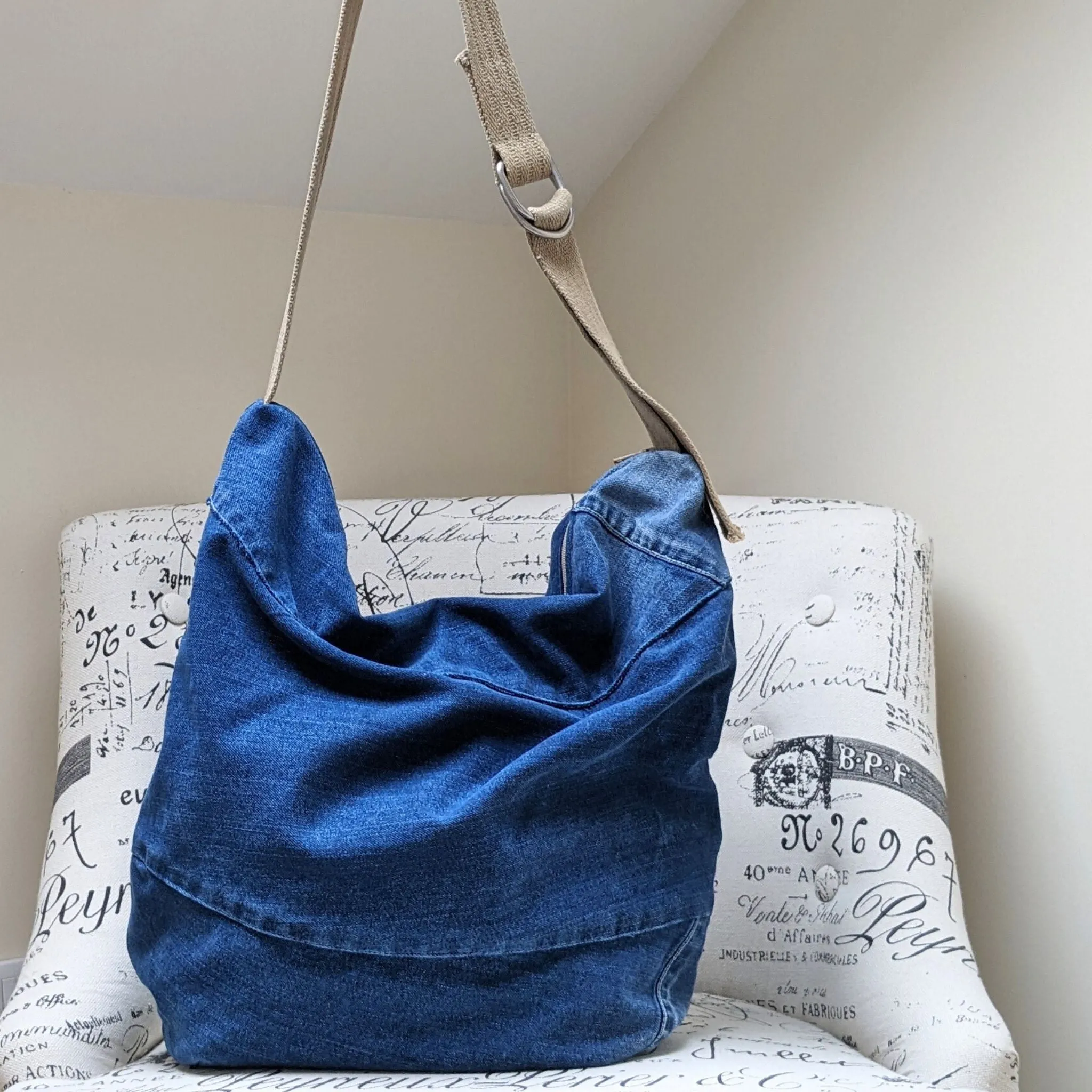 Upcycled Jeans Shoulder Bag - Turquoise Polka Dots