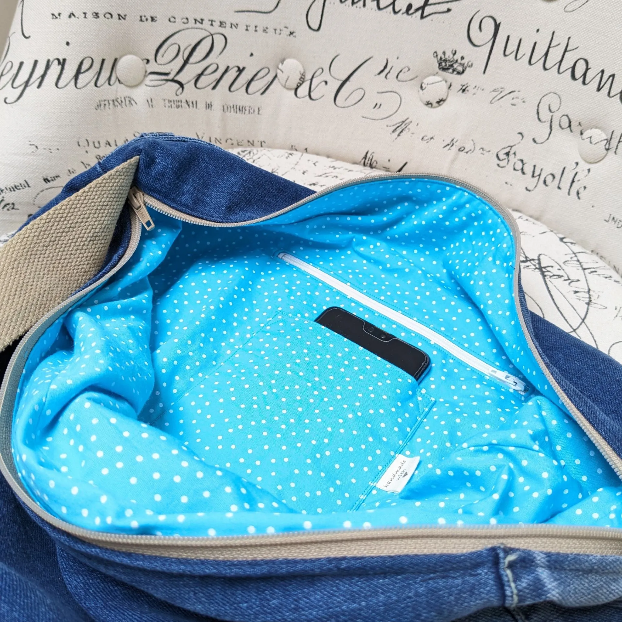 Upcycled Jeans Shoulder Bag - Turquoise Polka Dots