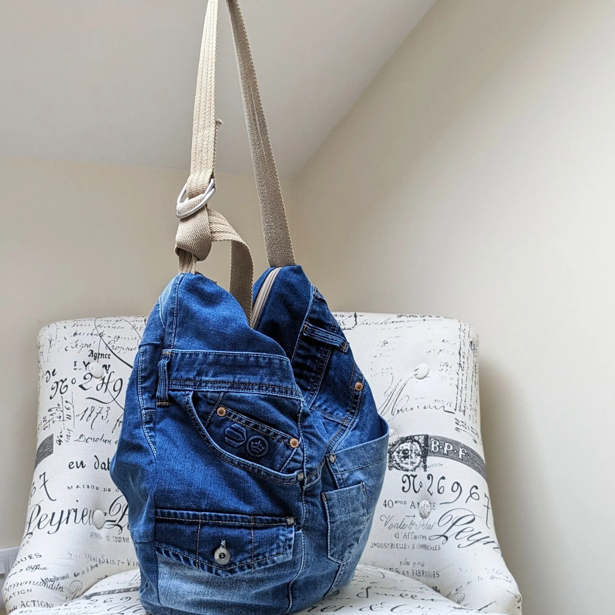 Upcycled Jeans Shoulder Bag - Turquoise Polka Dots