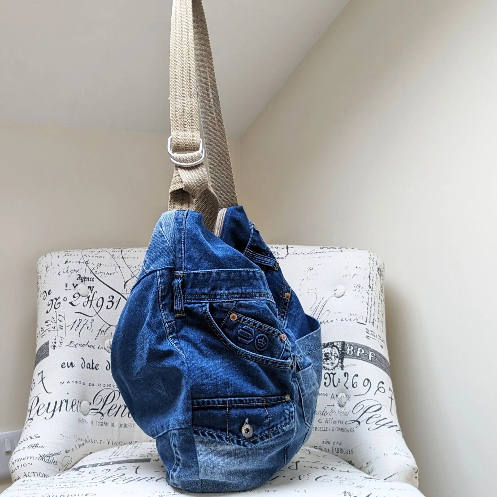 Upcycled Jeans Shoulder Bag - Turquoise Polka Dots