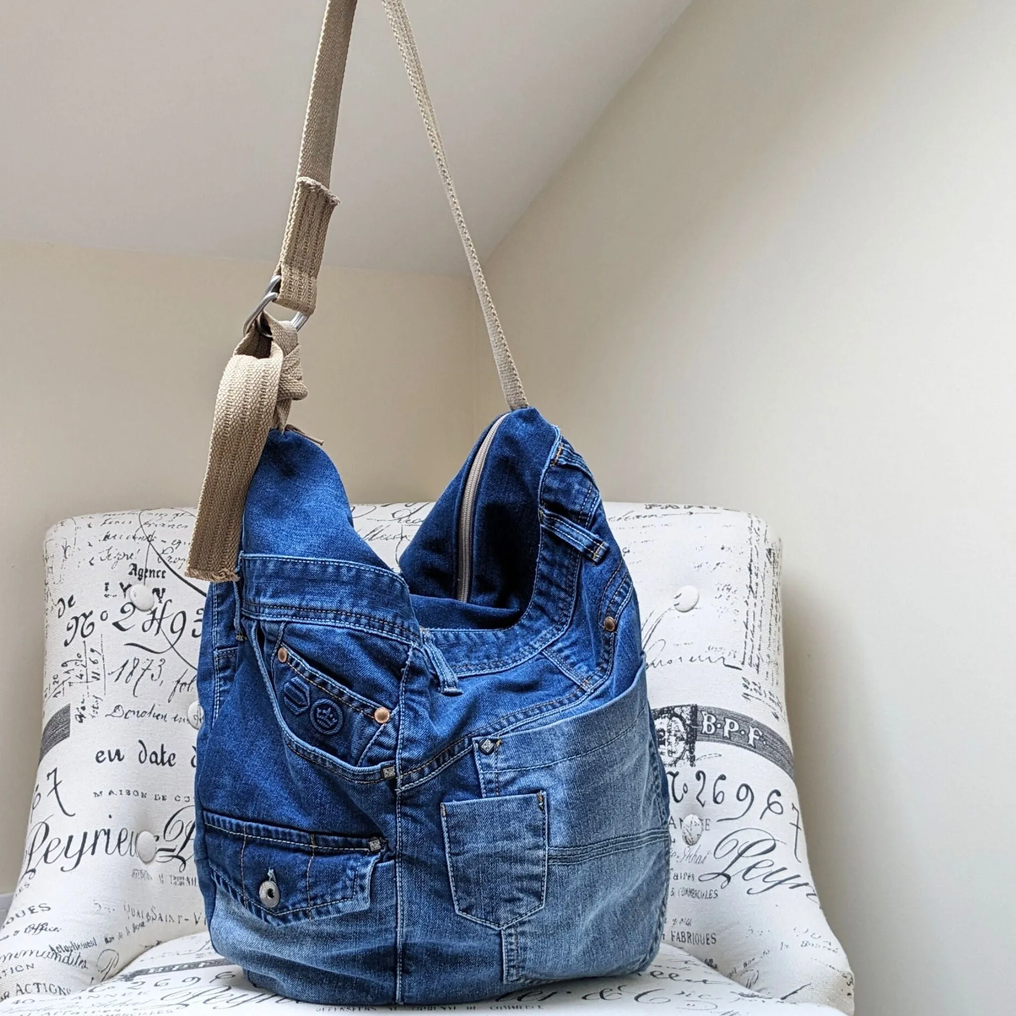 Upcycled Jeans Shoulder Bag - Turquoise Polka Dots