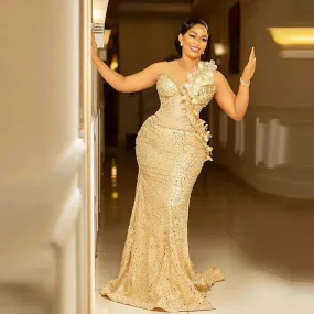 Vevesc Sequined Mermaid Prom Dresses Sheer Neckline Flowers Appliques Aso Ebi Evening Dress Lace Up Back Plus Size Gowns